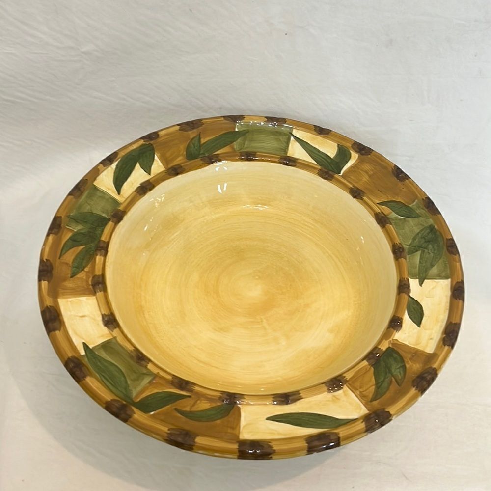 WCL Ceramic Bowl Serving Dish 3 In Tall 13 In Round Gold Yellow Green Leaf
